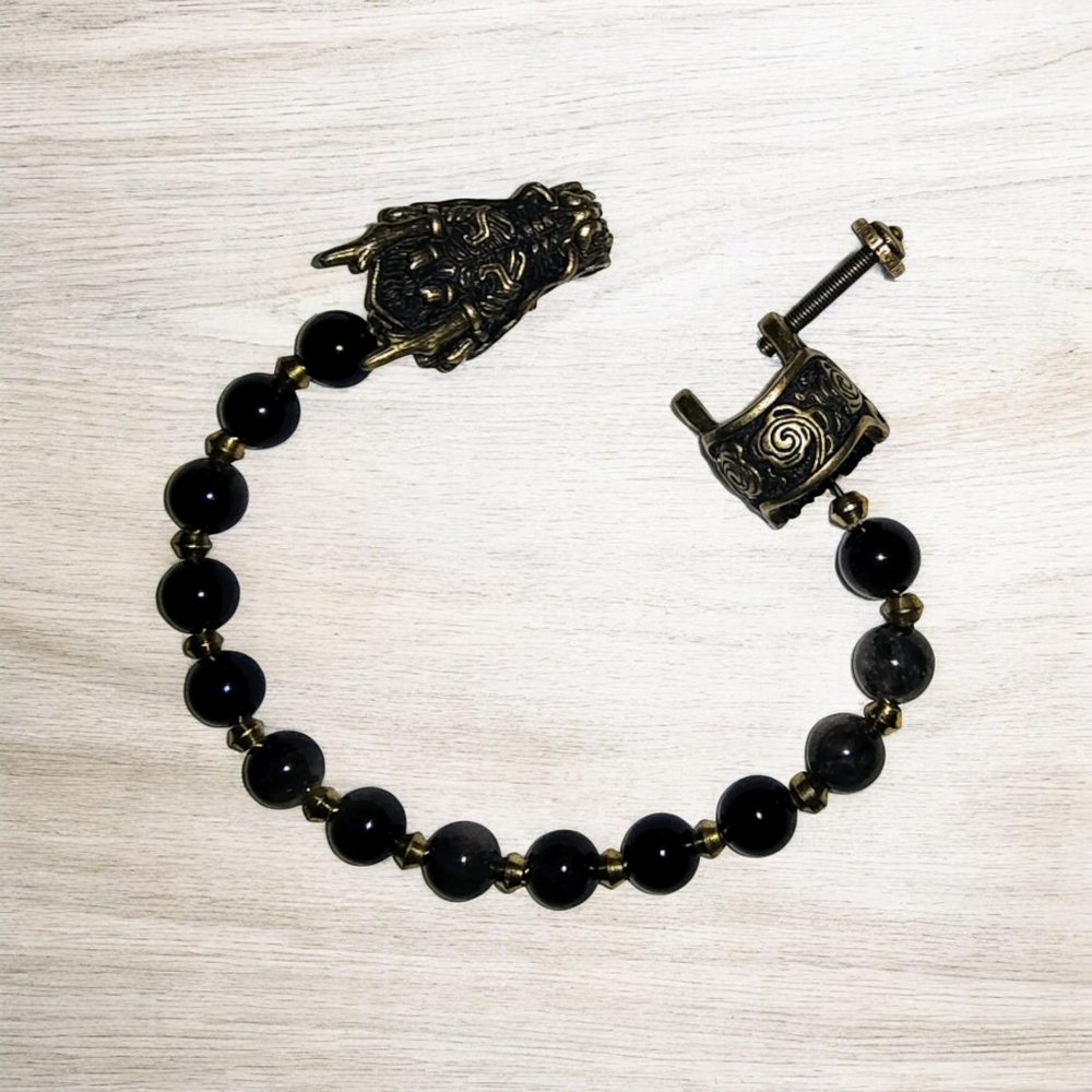 Natural Stone Silver Obsidian & Brass Beaded Bracelet | 9" Men's Lg, NWOT